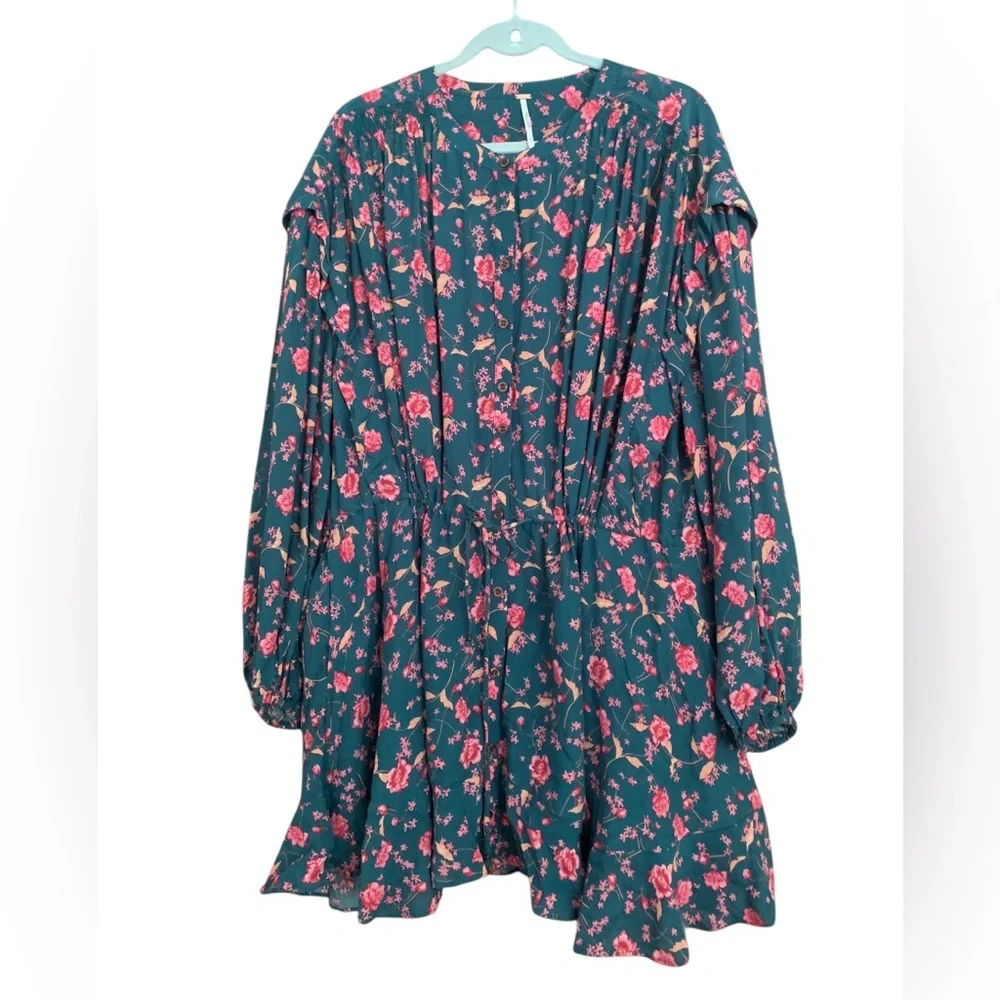Free People Floral Fields Mini Dress in Emerald Green Sz M